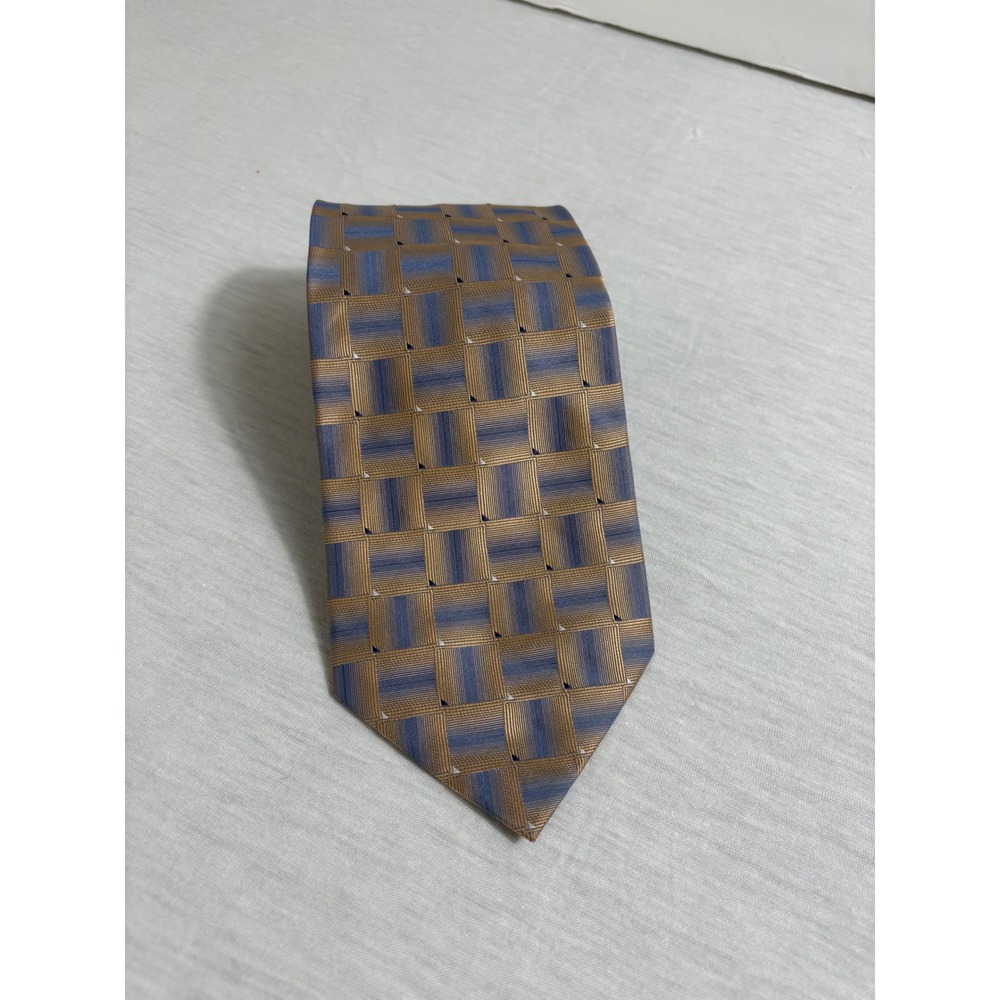 Bruno Rossi Men's Silk Tie Gold Blue Geometric Pattern Necktie